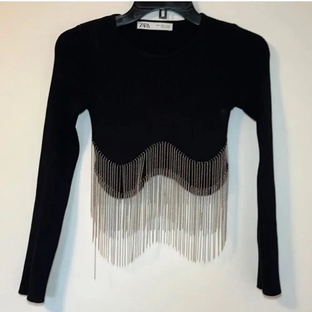 Zara Black Long Sleeve Crop Top With Silver Fringe